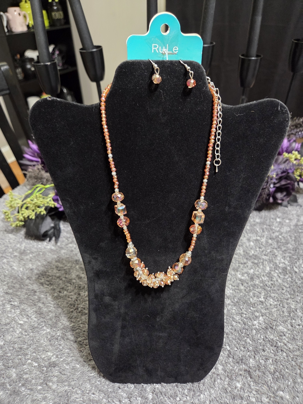 Amber/peach Crystal Beaded Necklace & Earring Set